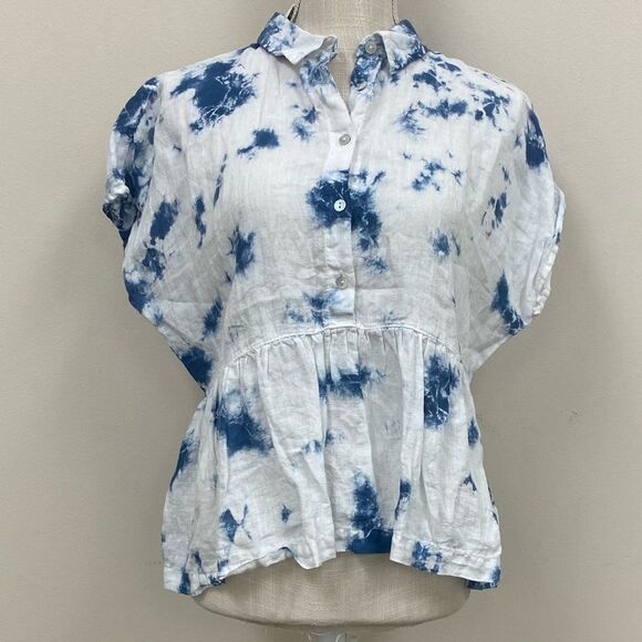 Rachel Zoe Blue And White Tie Dye Linen Peplum Button Down Blouse‎ Top - Picture 1 of 5
